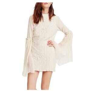 Free People Cleo Cream Embroidered Flare Sleeve Mock Neck Mini Dress 6